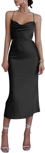 Vista 4 de LYANER Vestido por debajo de la rodilla, de satén, para mujer, con tirantes delgados y sexy, para cóctel