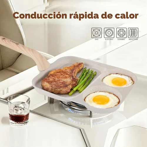Vista 2 de CLANK - Sartén antiadherente para huevos 3 en 1 con plancha antiadherente dividida, sartén multifunción para desayuno/panqueques para cocinas de gas