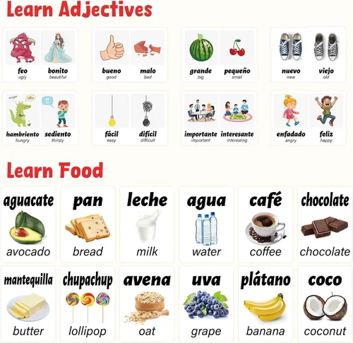 Vista 5 de Ceiba Tree Tarjetas Didácticas en Español 100 Frases de Conjugación de Verbos de Inglés a Español Adjetivos Colores Tarjetas Didácticas Educativas