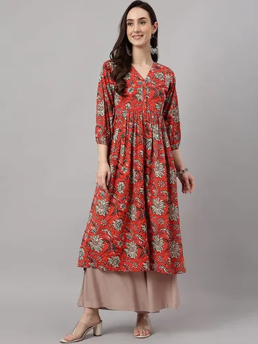 Vista 4 de Janasya Indian - Kurta de algodón naranja óxido con estampado floral para mujer