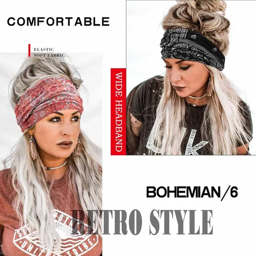 Vista 3 de Olbye Diademas anchas bohemias anudadas turbante elásticas antideslizantes florales diademas para entrenamiento para la cabeza, bandana bohemia