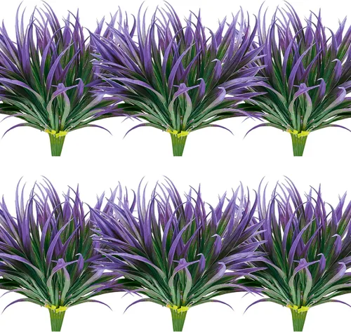 Vista 19 de 8 piezas de plantas falsas para exteriores, resistentes a los rayos UV, plantas de césped alto artificiales, flores tropicales, arbustos, decoración