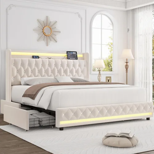 Vista 13 de HIFIT Marco de cama tapizada tamaño individual LED con cabecera de estación de carga y 4 cajones de almacenamiento, marcos de cama de plataforma