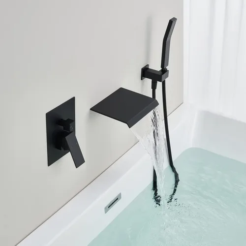 Vista 4 de Wowkk Llenador de bañera de montaje en pared, grifo de bañera en cascada, grifo de baño negro de latón con una sola manija con ducha de mano