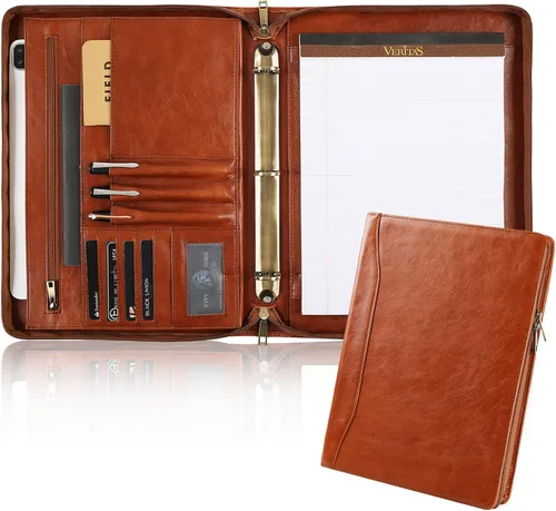 Vista 13 de Organizador de cartera de cuero genuino, carpeta de 3 anillos con bloc de notas, carpeta de cuero personalizada para hombres y mujeres