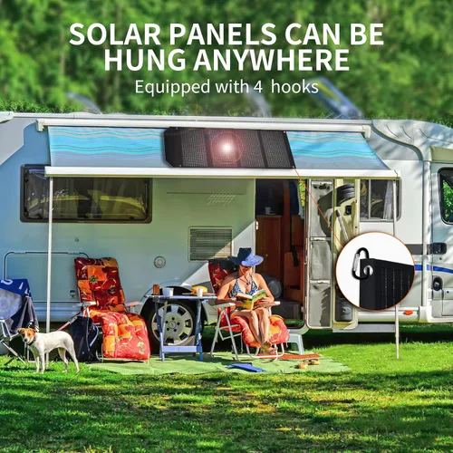 Vista 6 de Panel solar portátil de 60 W, paneles solares plegables de 60 vatios con cargadores QC3.0 USB-A USB-C DC5521, IP67 impermeable, energía
