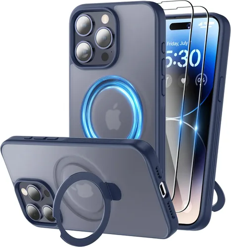 Vista 9 de Funda magnética para iPhone 15 con soporte, soporte de anillo invisible con protector de pantalla compatible con MagSafe Slim esmerilado mate, funda