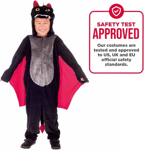 Vista 3 de fun shack Disfraz de dragón para niños, diseño de animales negros y rojos, disfraz de personajes de Halloween para niños, talla S, M, L, XL