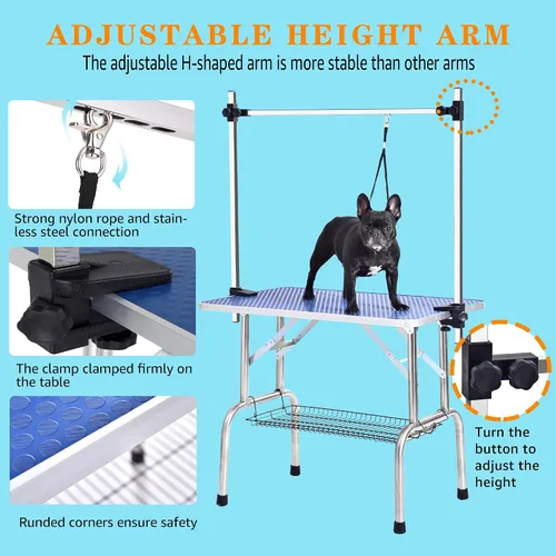 Vista 2 de Mesa profesional de aseo para perros y mascotas, ajustable, resistente, portátil, con brazo y lazo y bandeja de malla (42 pulgadas, azul)