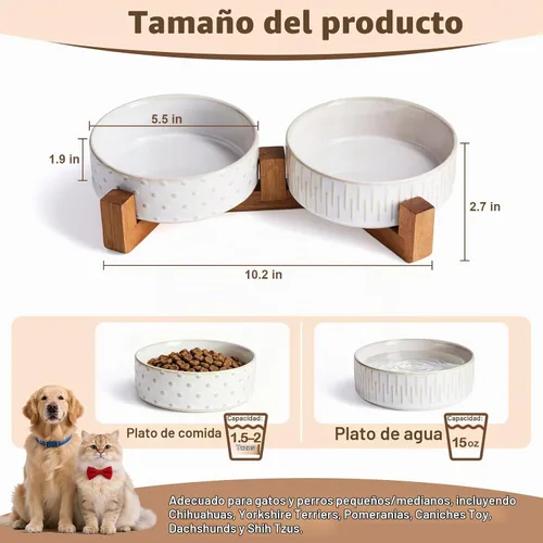 Vista 2 de Juego de cuencos de cerámica para perros con soporte de madera