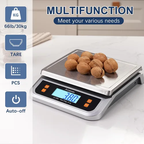 Vista 5 de Atogou Báscula de alimentos de 66 libras, báscula de cocina comercial enchufable con pantalla LCD de vista completa, acero inoxidable, para hornear