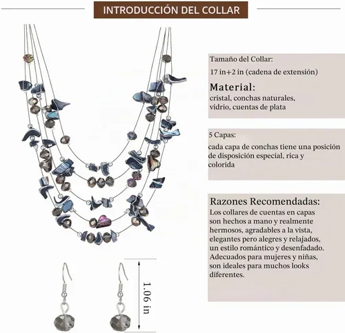 Vista 5 de Collar de cuentas de concha bohemia de varias capas para mujer, hebra de cristal colorida con cuentas plateadas, collares y aretes, disfraces