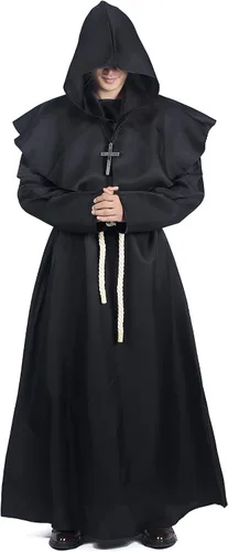 Vista 3 de Qerhod Disfraz de Halloween para cosplay, medieval con capucha, bata de monje para hombre, incluye collar