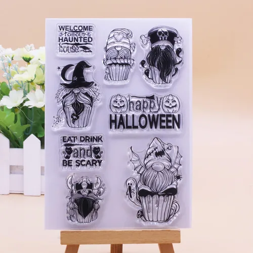 Vista 2 de Happy Hallowwen - Sellos de silicona transparentes para hacer tarjetas, sellos de goma transparente para álbumes de recortes, álbum de fotos, sellos