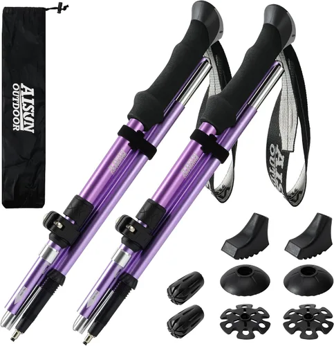 Vista 11 de AISUNOURDOOR Bastones de senderismo ajustables y ligeros, bastones de aluminio plegables para viajes, senderismo o caminatas para mujeres y niños