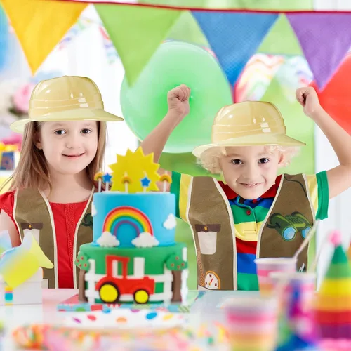 Vista 7 de Geyoga 24 piezas de disfraces de explorador de safari para niños, incluye 8 chalecos de safari y 8 bolsas de plástico para sombreros, traje