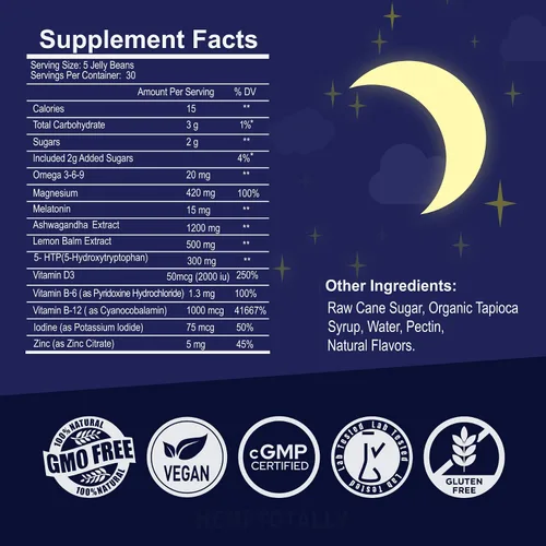 Vista 2 de Melatonina 3 mg 15 mg para toda la familia con Ashwagandha, 5-HTP, bálsamo de limón, magnesio, B12, B6 masticable y bajo en azúcar, para un ciclo