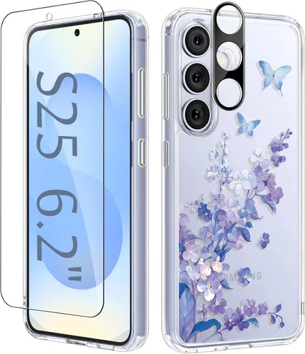 Vista 74 de GVIEWIN Funda protectora para Samsung Galaxy S25, transparente floral, delgada, a prueba de golpes, para mujer, no se pone amarilla, con protector