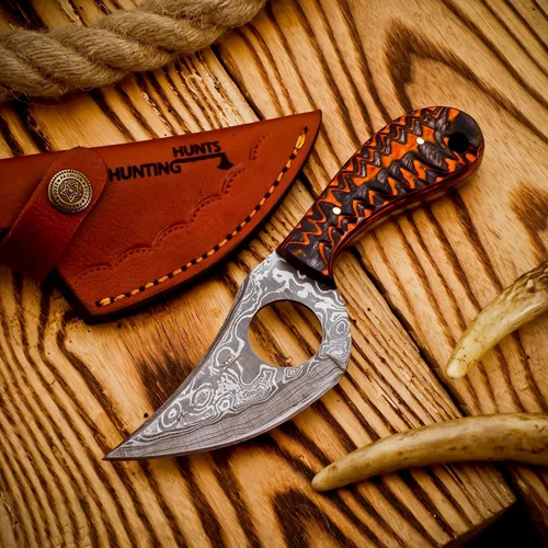 Vista 2 de Predator Hunter - Cuchillo de damasco hecho a mano con funda de cuero, para desollar, acampar, al aire libre, cuchillos de bushcraft EDC de hoja