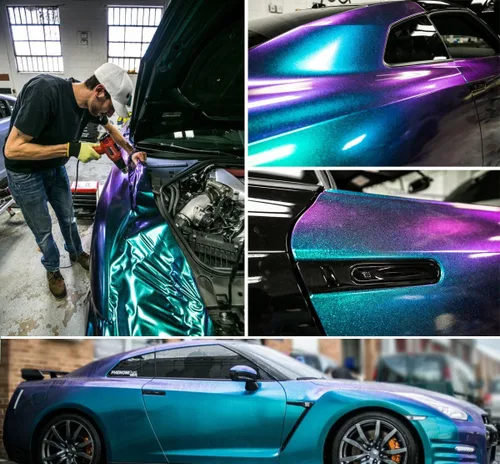 Vista 4 de LZLRUN Adhesivo de vinilo brillante brillante de color azul camaleón a morado con purpurina para interior del automóvil, lámina de cambio