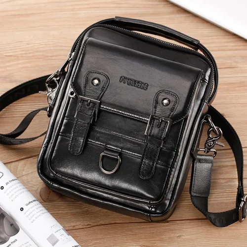 Vista 4 de Hebetag Bolso bandolera de cuero pequeño para hombre, para viajes al aire libre, negocios