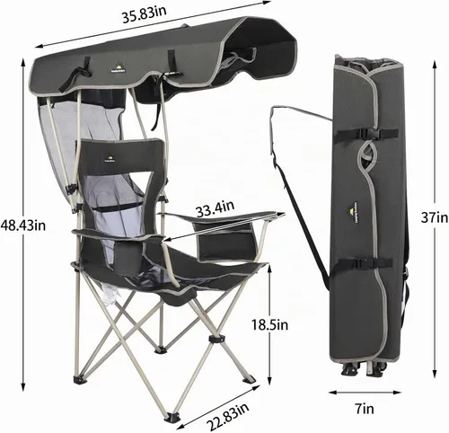 Vista 2 de Silla de playa con toldo – Silla plegable al aire libre con toldo de protección solar completa – Ideal para camping, césped, deportes, picnic
