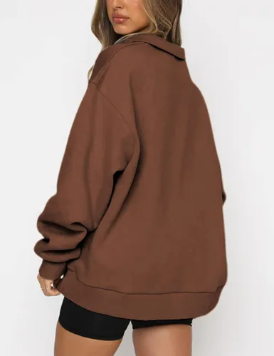 Vista 3 de Lentta Sudadera de gran tamaño con media cremallera para mujer cuello de manga larga cremallera de un cuarto