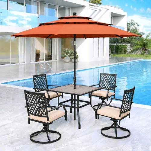 Vista 21 de MFSTUDIO Juego de mesa de comedor para patio al aire libre con paraguas, 4 sillas giratorias y 1 x 37 cuadrado Bistro forjado Iorn Slat mesa grande