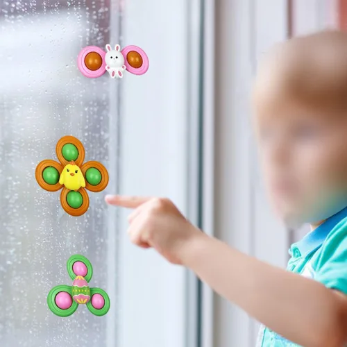 Vista 3 de Jofan Paquete de 3 juguetes giratorios con ventosa de Pascua para bebés y niños pequeños, rellenos de cesta de Pascua, regalos, regalos de fiesta