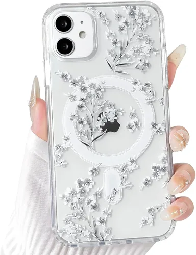 Vista 51 de NITITOP Funda magnética transparente compatible con iPhone 14 Plus/15 Plus, compatible con MagSafe lindas flores, hojas florales para mujeres