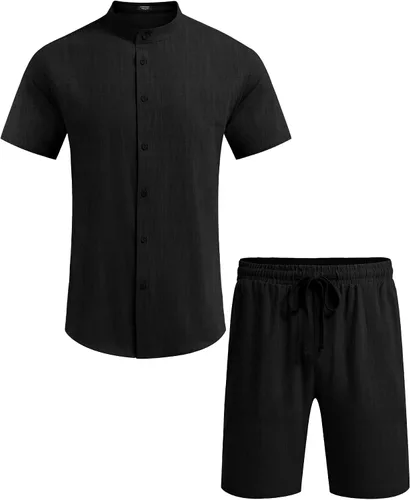 Vista 5 de COOFANDY Conjunto de 2 piezas de lino para hombre camisa y pantalones cortos casuales para playa