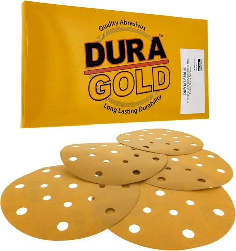 Vista 14 de Dura-Gold Discos de lijado dorados de 6 pulgadas de alta calidad, grano 60 (caja de 50), papel de lija de gancho y bucle sin polvo con patrón de 17