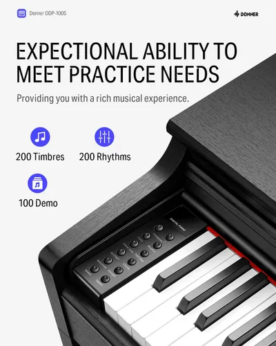 Vista 3 de Donner DDP-100S - Piano digital de 88 teclas, teclado de piano de acción de martillo graduado con MIDI IN/OUT, 200 sonidos, 200 ritmos, 100