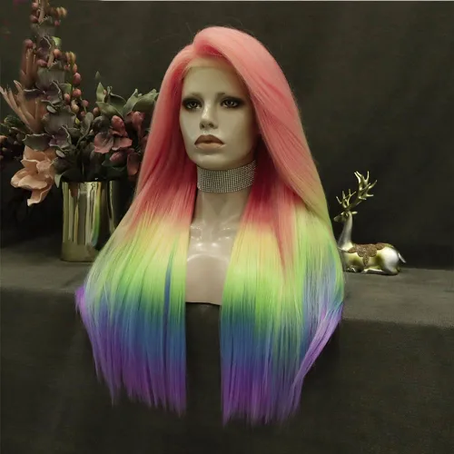 Vista 2 de IMSTYLE Pelucas sintéticas rectas con encaje frontal de colores arcoíris de 26 pulgadas, línea de cabello natural para Halloween, cosplay, fiesta