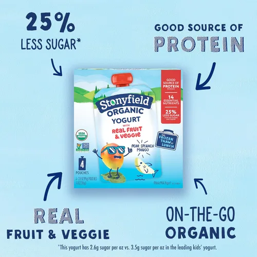 Vista 8 de Stonyfield Organic Kids - Bolsa de yogur de leche entera de pera, espinacas, mango, 3.5 onzas, 1 unidad, fruta y verduras reales; baja en grasa, sin