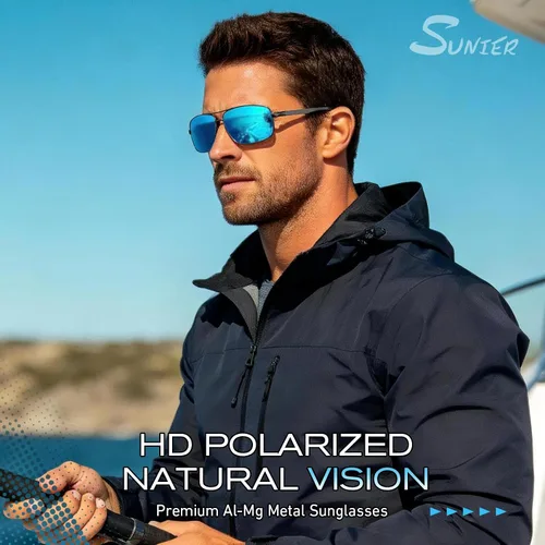Vista 3 de Lentes de sol polarizados para hombre, ultra ligeros Al-Mg con bisagras de resorte, 100% protección UV400 para hombre Lente gris oscuro del marco