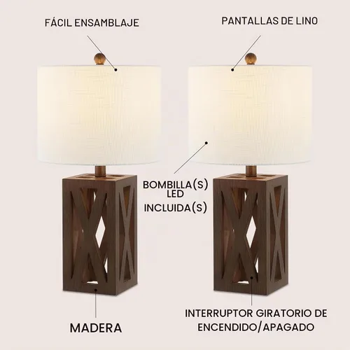 Vista 3 de JONATHAN Y Stewart - Lámpara de mesita de noche de madera rústica de 21.5 pulgadas, marrón, juego de 2