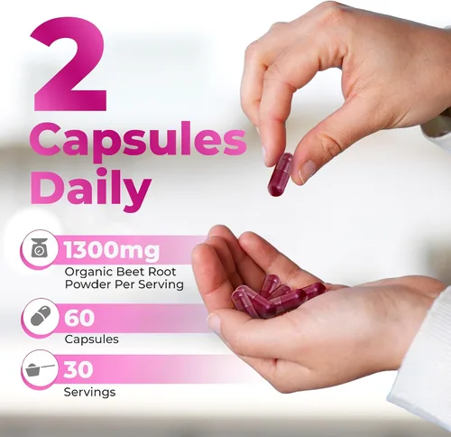 Vista 3 de Cápsulas orgánicas de raíz de remolacha – 1300 mg de polvo de remolacha por porción – Soporte de circulación y resistencia – Sin OMG, veganas, sin