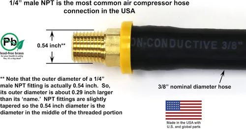 Vista 2 de Manguera corta de compresor de aire de 8.5 pulgadas: conexiones de 1/4" macho NPT a 1/4" macho NPT (latón libre de plomo)