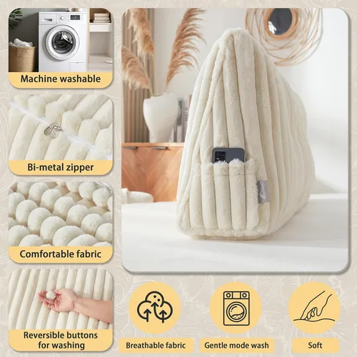 Vista 6 de Almohada de cabecera + una almohada larga para el cuerpo, almohada de piel sintética con funda extraíble (beige, matrimonial: 54 x 8 x 20 pulgadas)