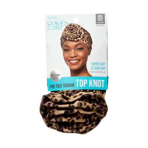 Vista 11 de KISS COLORS & CARE Turbante preatado con nudo superior, negro, elegante, elástico y suave para dormir, máxima protección del cabello, minimiza