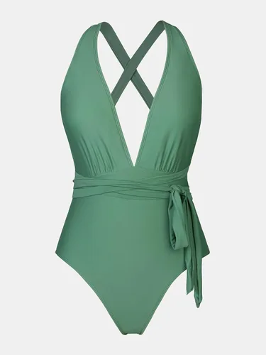 Vista 5 de CUPSHE - Traje de baño de mujer con bikini a rayas, shirred y lazo