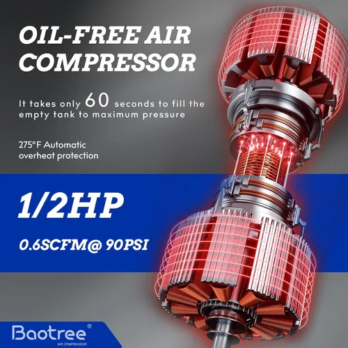 Vista 3 de Compresor de aire portátil, tanque de compresor de aire libre de aceite de 4 galones, motor de 0.5 HP, máximo 110 PSI, 0.6 SCFM a 90 PSI, compresor