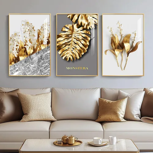 Vista 23 de Arte de pared moderno enmarcado en blanco y negro, 3 piezas de impresiones contemporáneas grandes para paredes, juego de 3 imágenes de hojas doradas