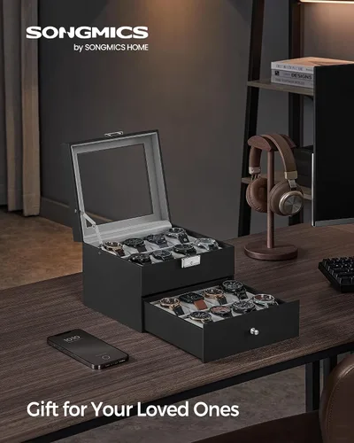 Vista 2 de SONGMICS Caja de reloj de 16 ranuras, caja de reloj con tapa de vidrio, 2 capas, vitrina de reloj con cerradura, cuero sintético negro, forro gris