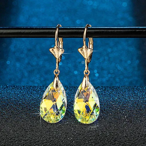 Vista 3 de Aretes con dijes con forma de lágrima de cristal austriaco, para mujer, cierre catalán, chapados en oro de 14quilates joyas hipoalergénicas
