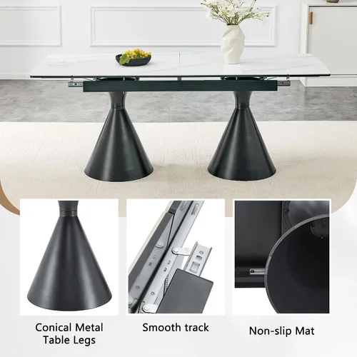 Vista 8 de Mesa de comedor extensible moderna para 4-8 personas, mesa de cocina de piedra sinterizada expandible con base de metal negro, ahorro de espacio