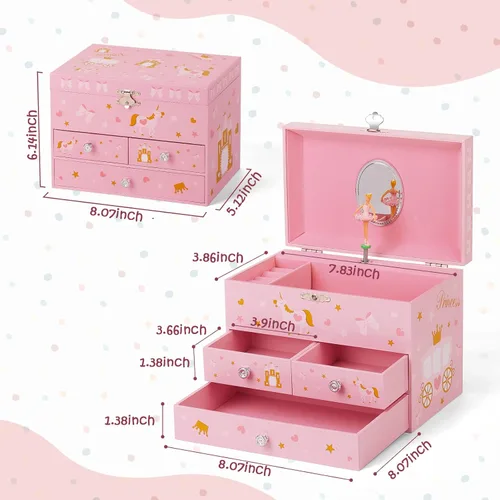 Vista 2 de efubaby Joyero musical mejorado para niñas con 3 cajones extraíbles, juego de joyas de bailarina giratoria y unicornio, joyeros para niños y niñas