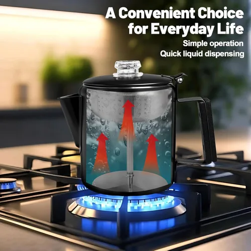 Vista 8 de Percolador de 6 Tazas de Acero Inoxidable 304 Cafetera Máquina de Café con Mango de Madera Sólida Perilla Transparente Estufa Greca Mocha