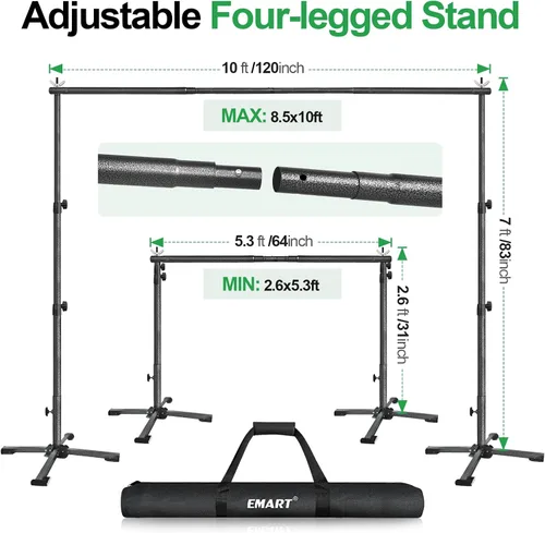 Vista 4 de EMART Kit de soporte de telón de fondo portátil con base plana plegable, ajustable de 7 pies de altura y 10 pies de ancho de tubería y telón